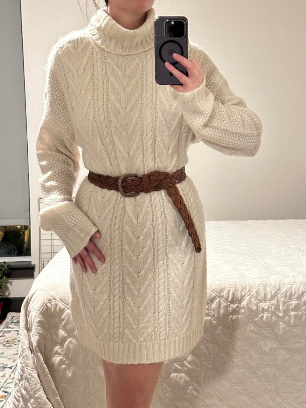 AE Cozy Cable Knit Turtleneck Sweater Dress - Cream